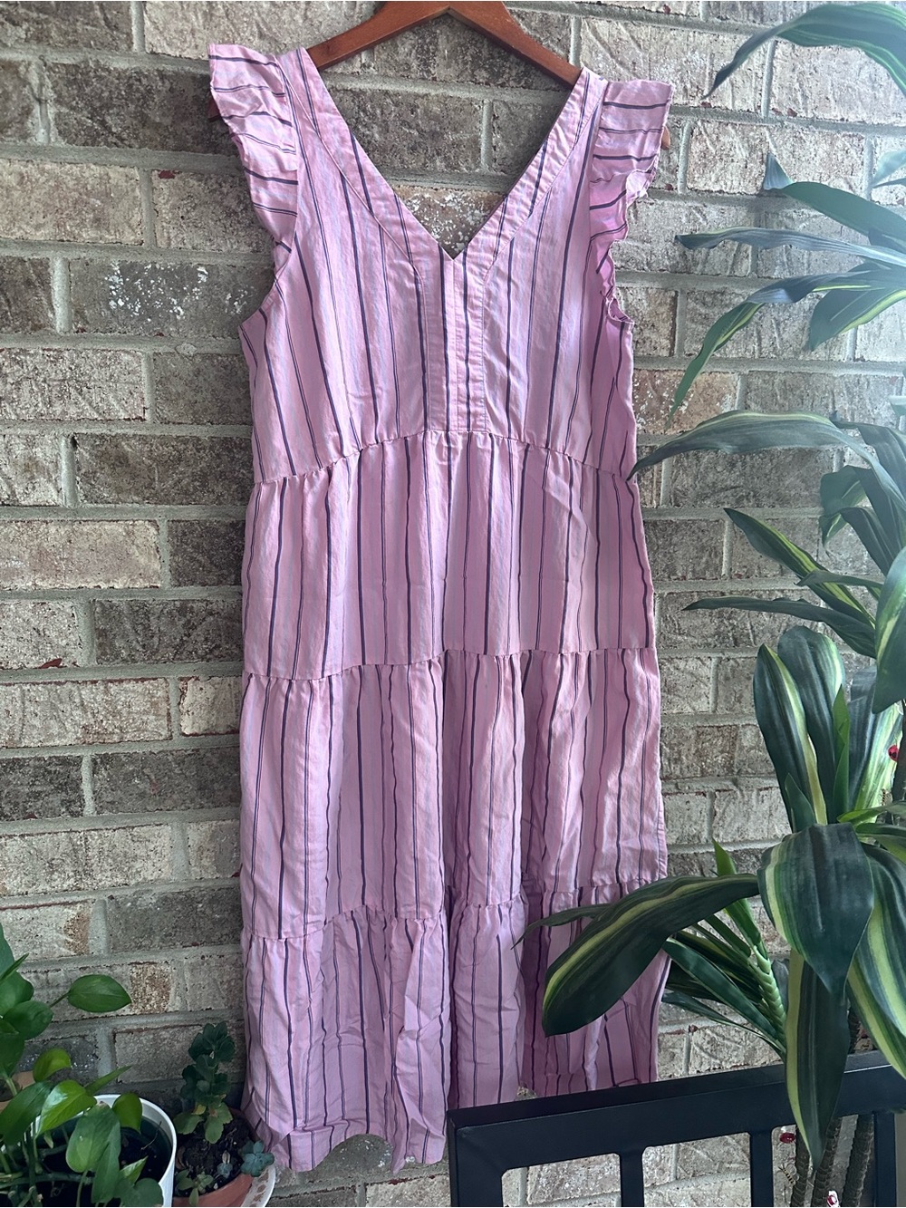 LOFT pink Striped Ruffle Sleeve Tiered Midi Dress medium